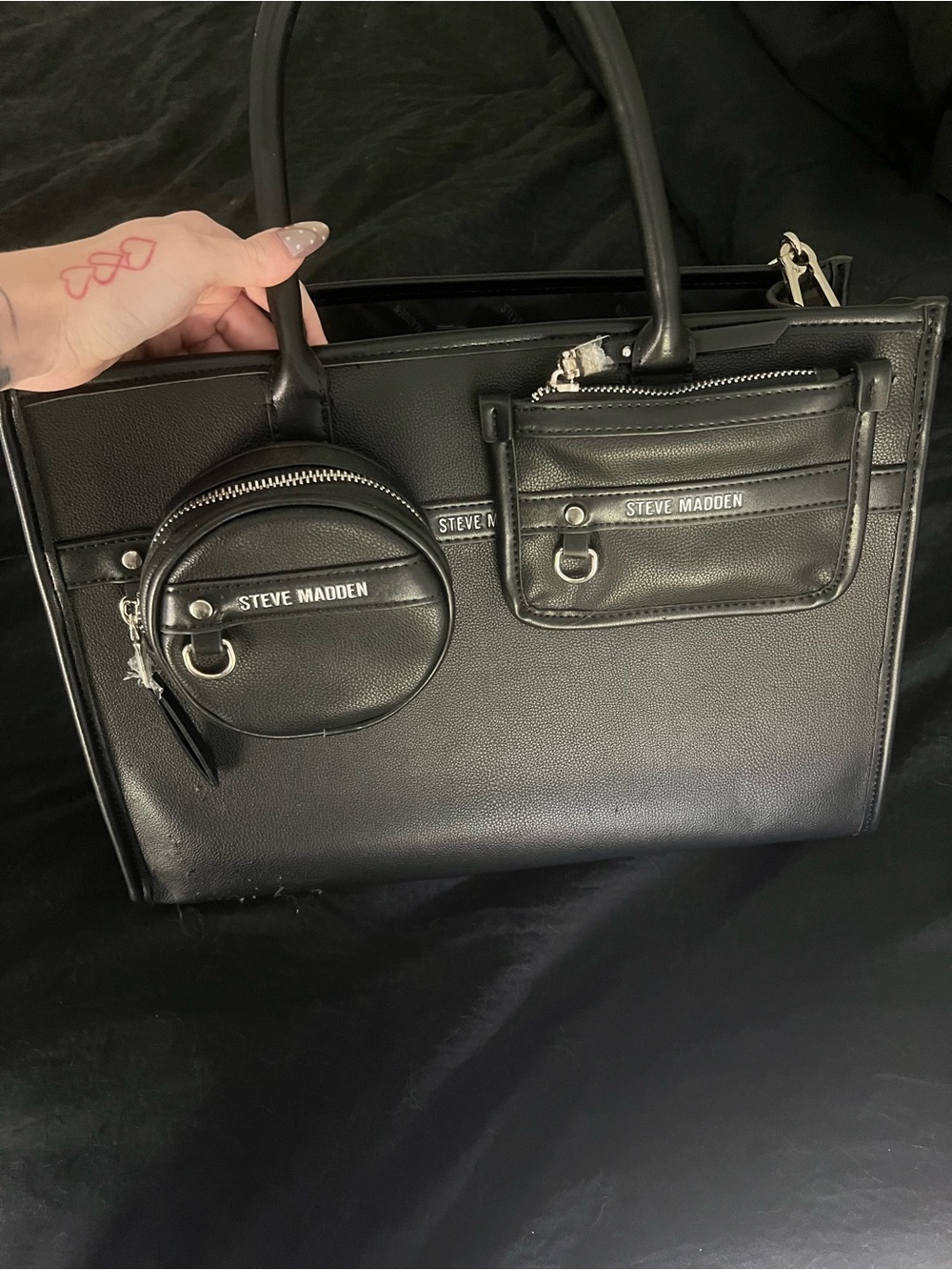 Steve Madden Black Leather Tote with Front Zip Pouches
